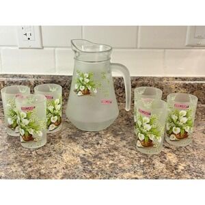 Circa 1970-80 -KIG Indonesia-Beverage Set w/Frosted Glass Pitcher & 6 Glasses